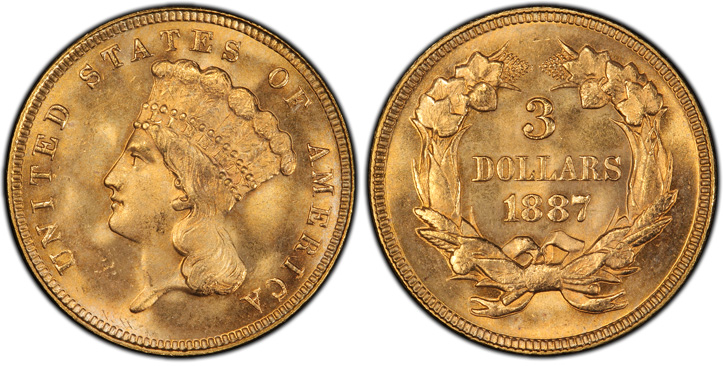 1887 Three-Dollar Gold Piece. MS-66+ (PCGS).